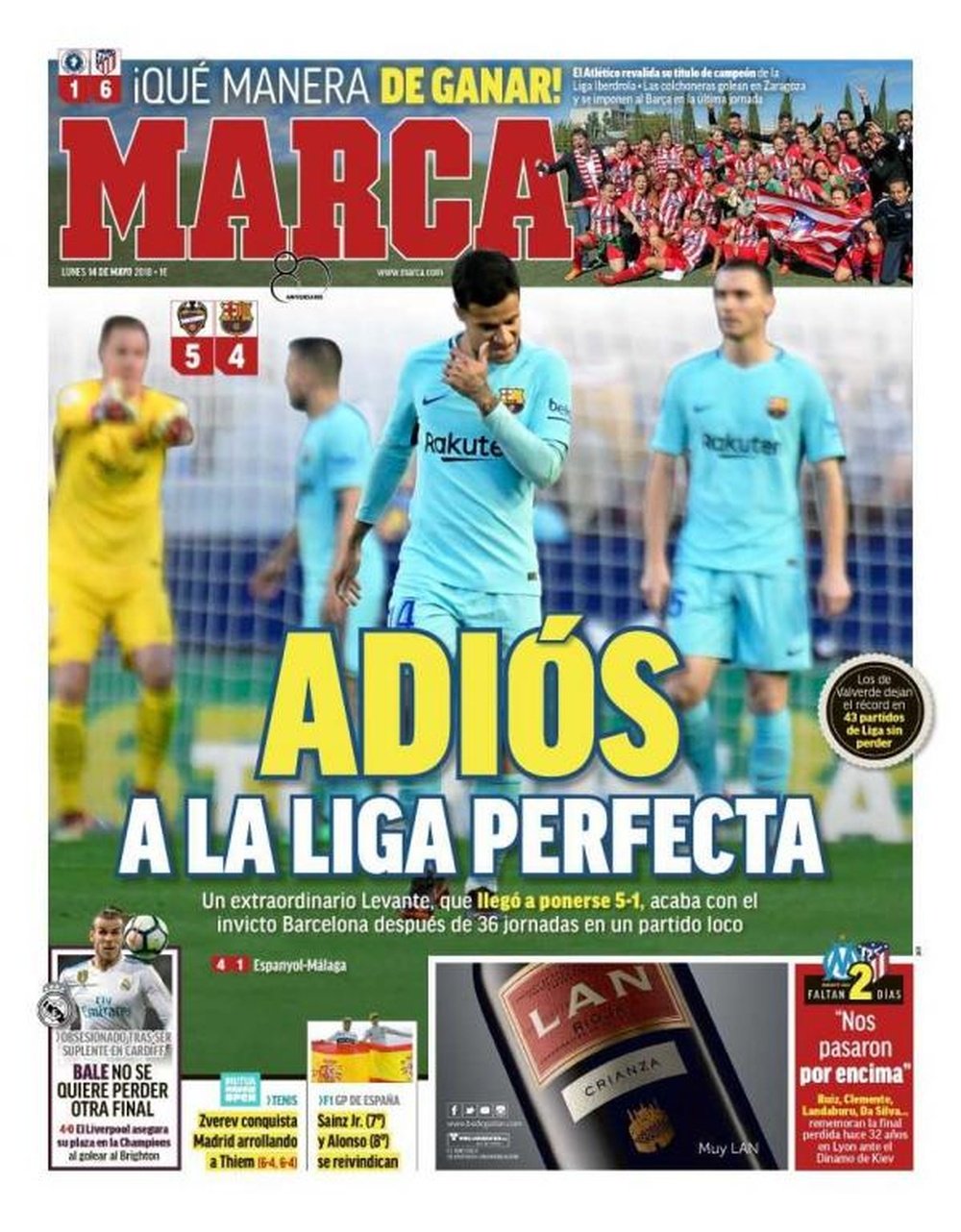 Capa do jornal 'Marca' de 14 de maio de 2018. Marca