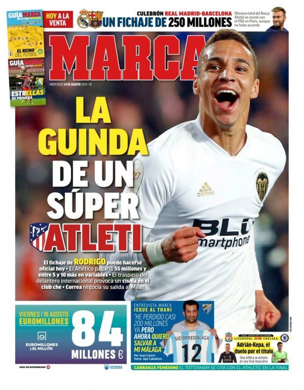 La Une des journaux sportifs en Espagne du 14 août 2019. Marca
