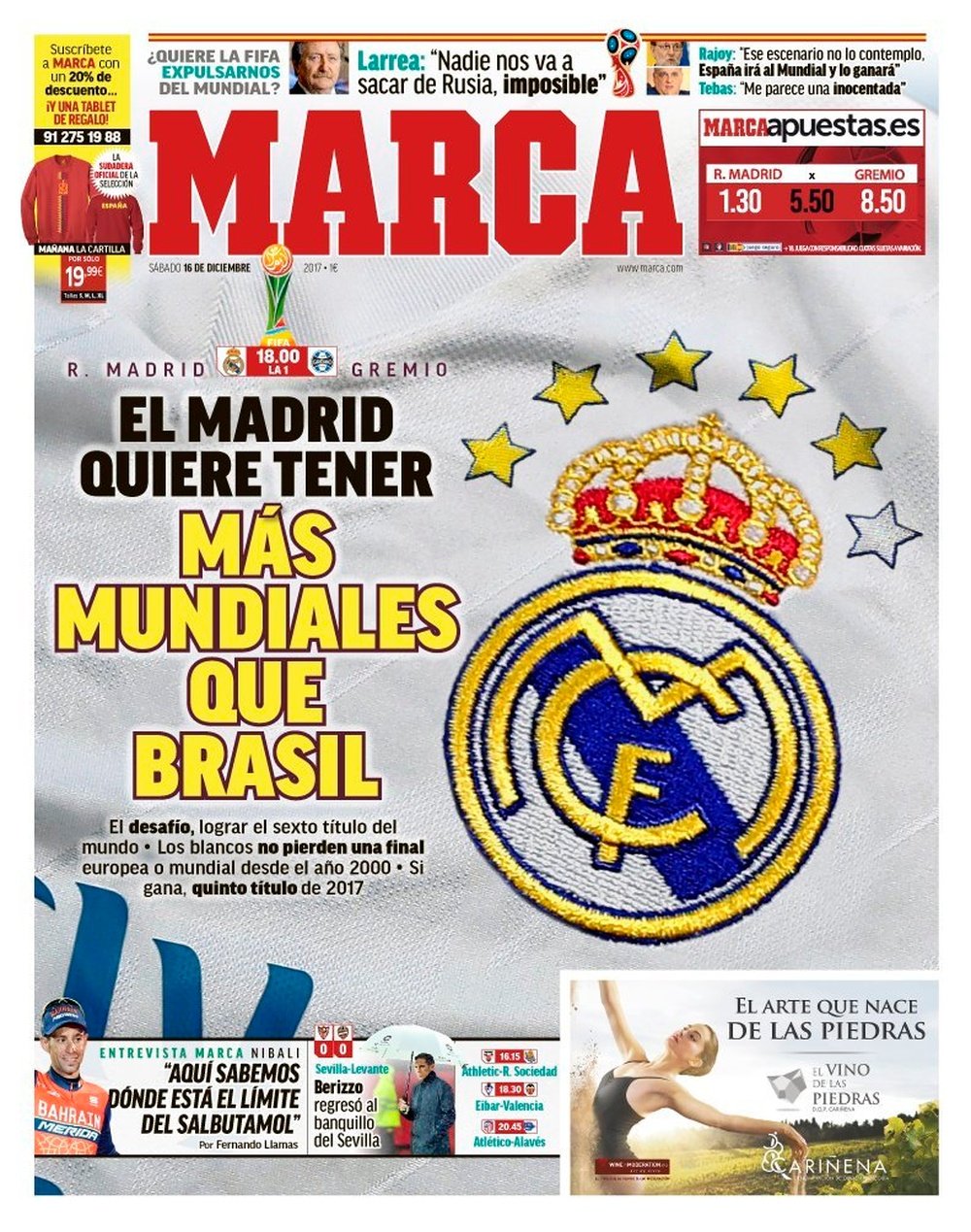 Capa do jornal 'Marca' de 16 de dezembro de 2017. Marca