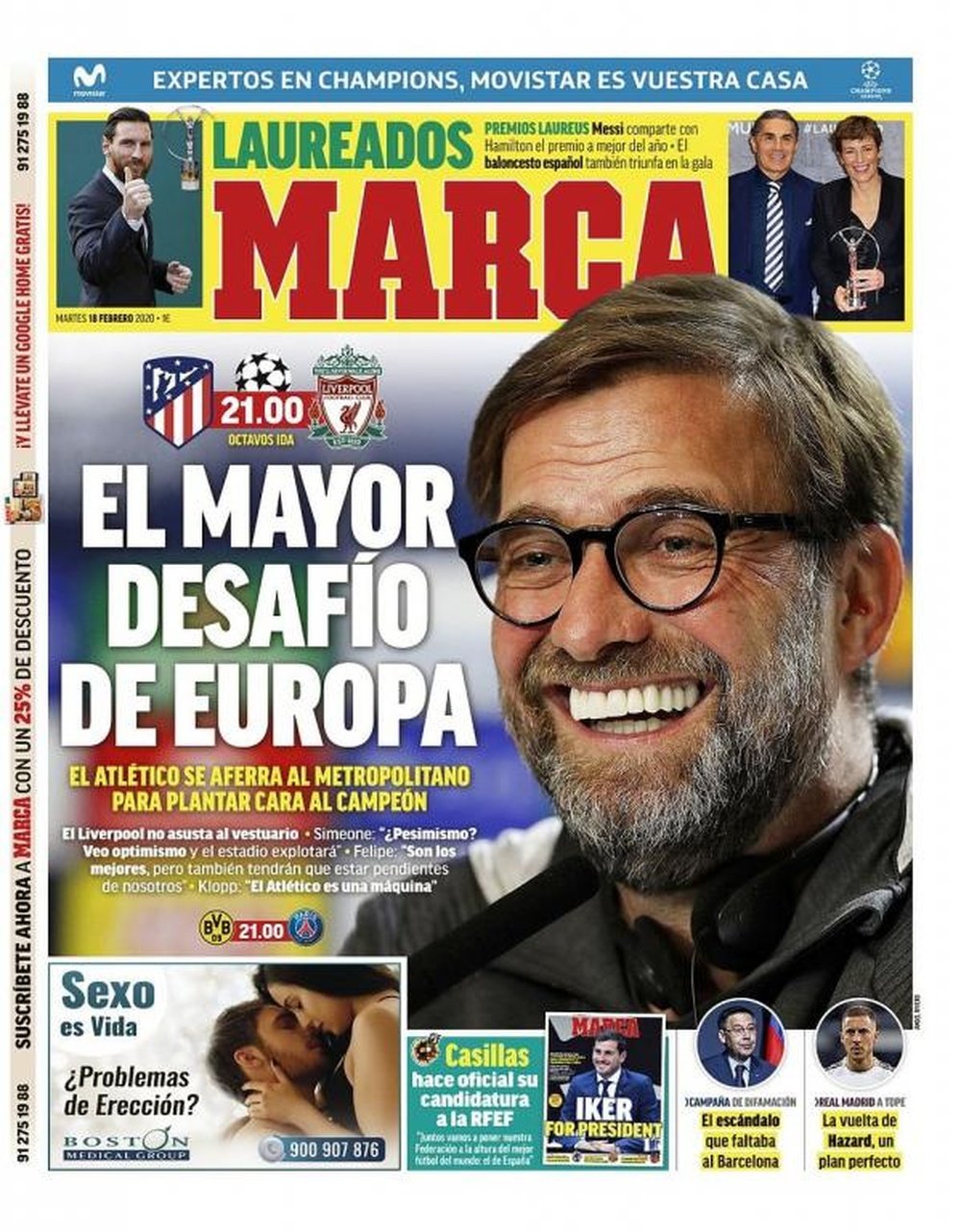 Les Unes des journaux sportifs en Espagne du 18 février 2020. Marca