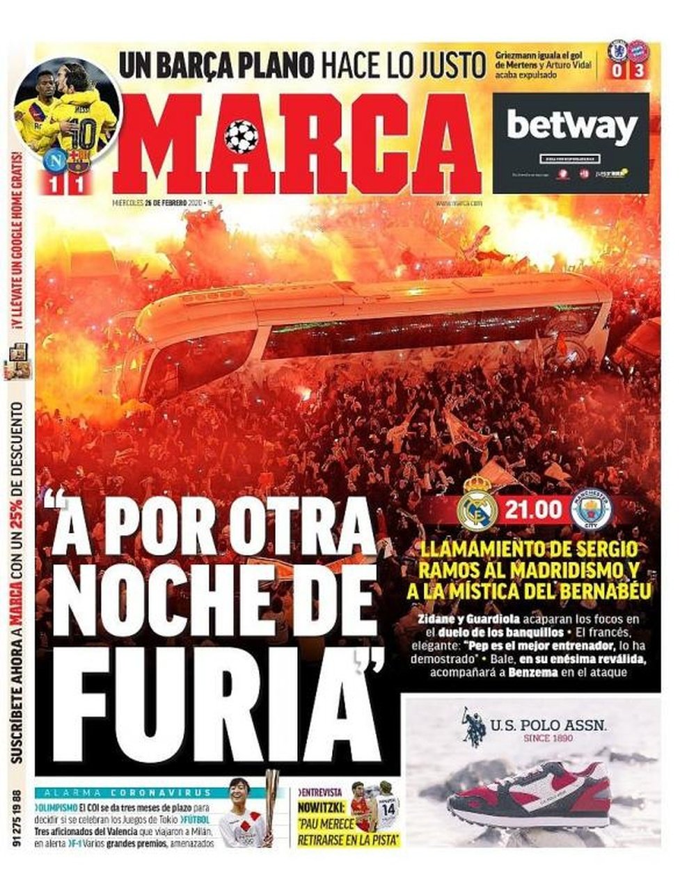 Les Unes des journaux sportifs en Espagne du 26 février 2020. Marca