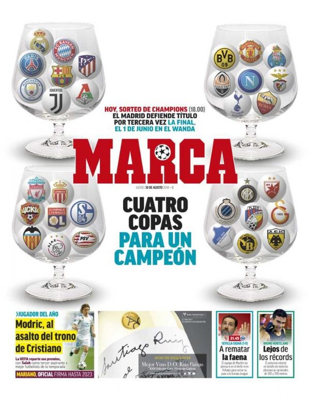 Capa do jornal 'Marca' de 30-08-18. Marca