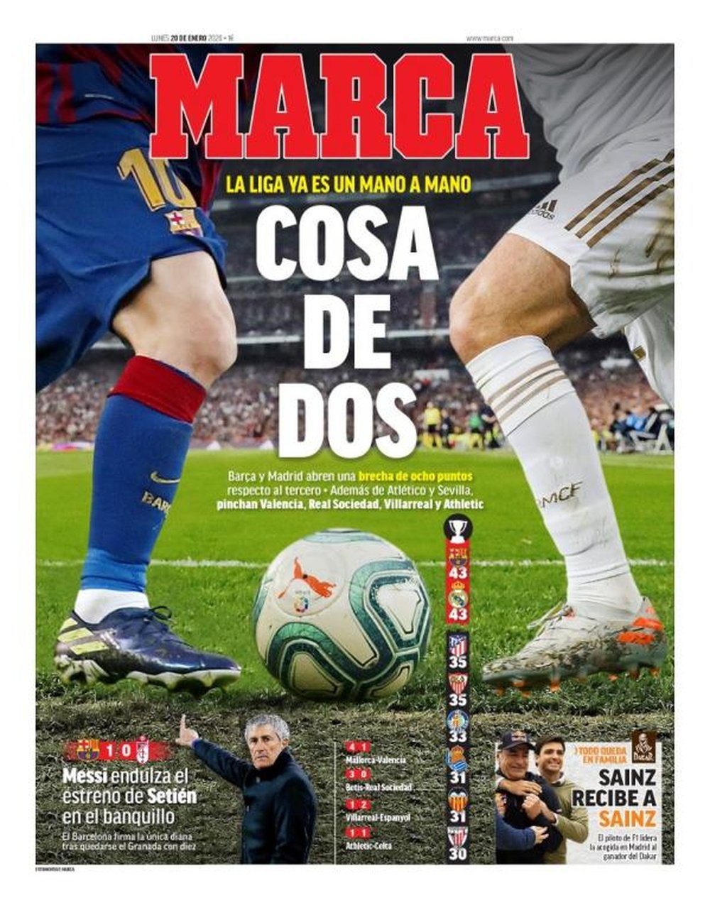 Les Unes des journaux sportifs en Espagne du 20 janvier 2020. Marca