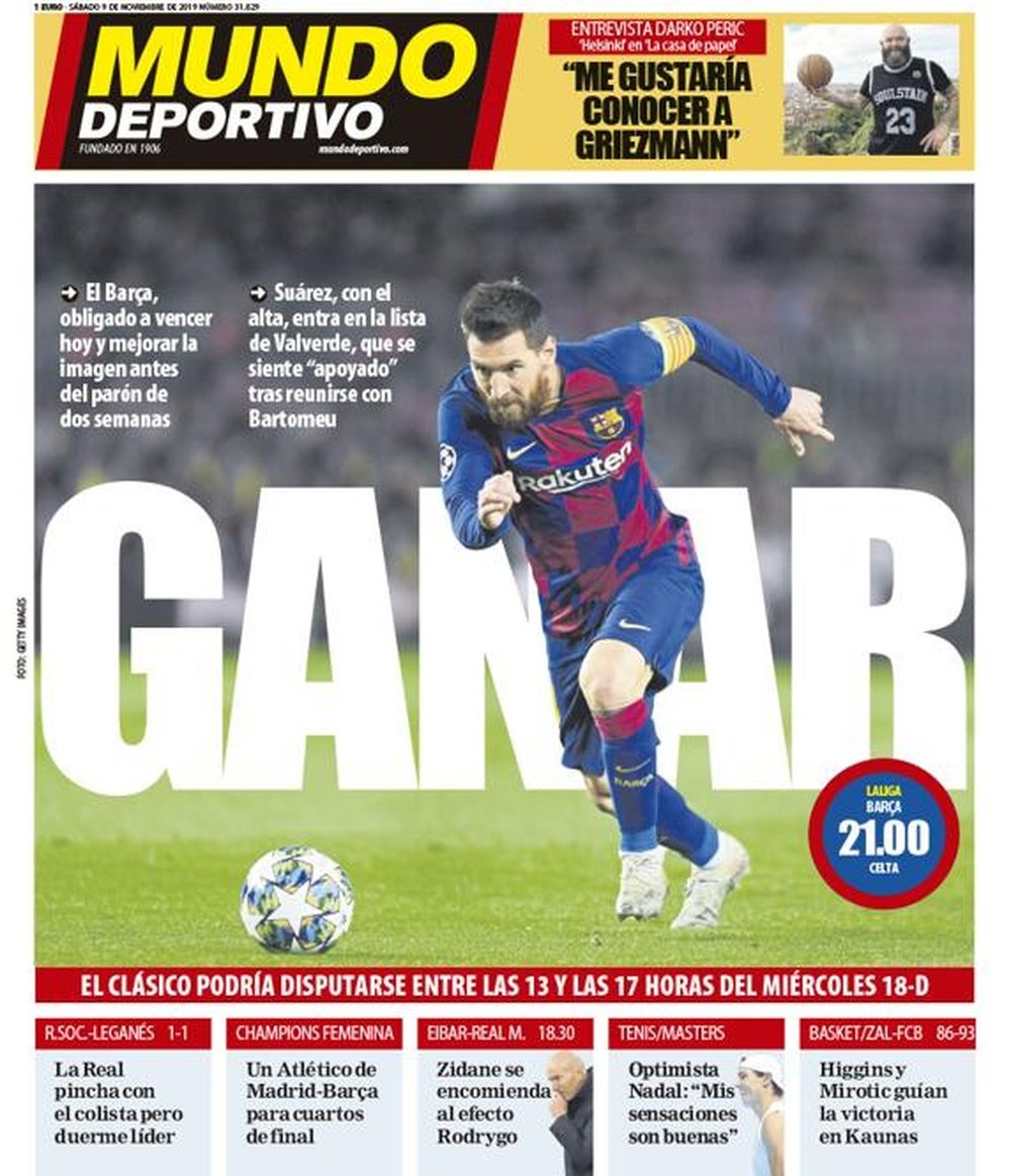 Capa do jornal Mundo Deportivo de 09-11-19. MD
