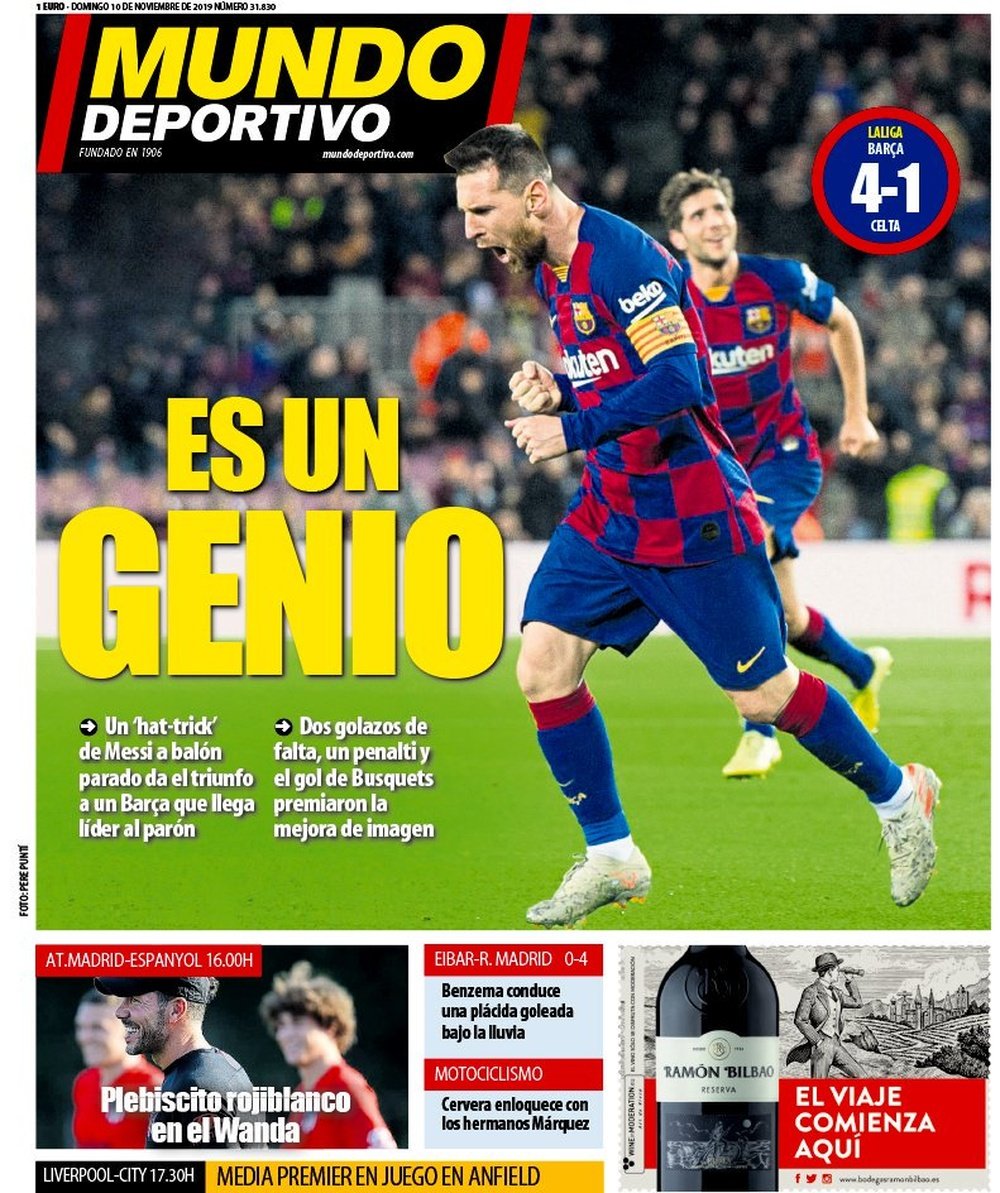 Capa do jornal Mundo Deportivo de 10-11-19. MD