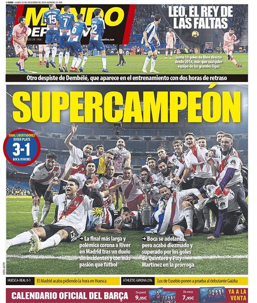 Capa do jornal 'Mundo Deportivo' de 10-12-18. MD