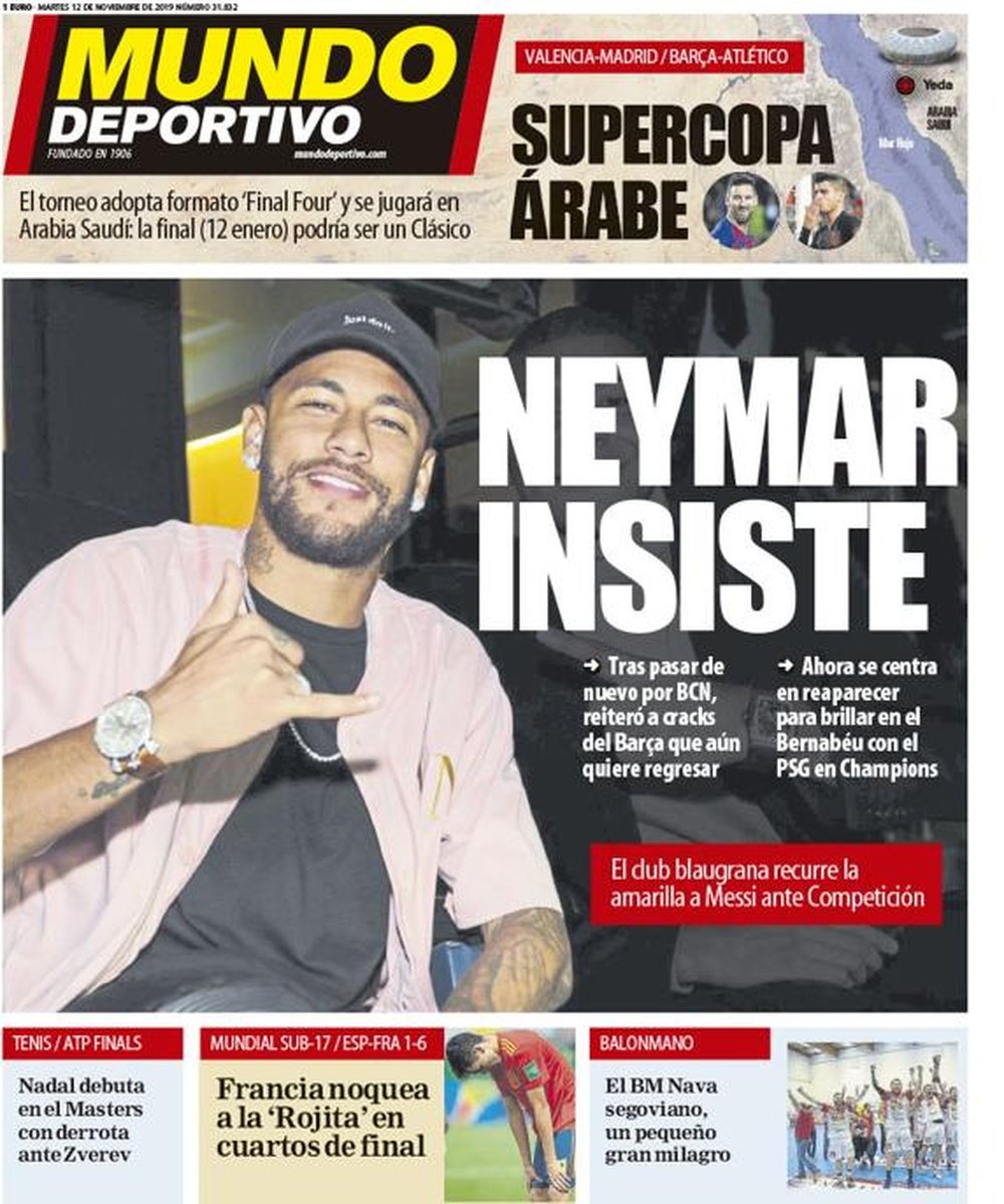Capa do jornal Mundo Deportivo de 12-11-19. MD