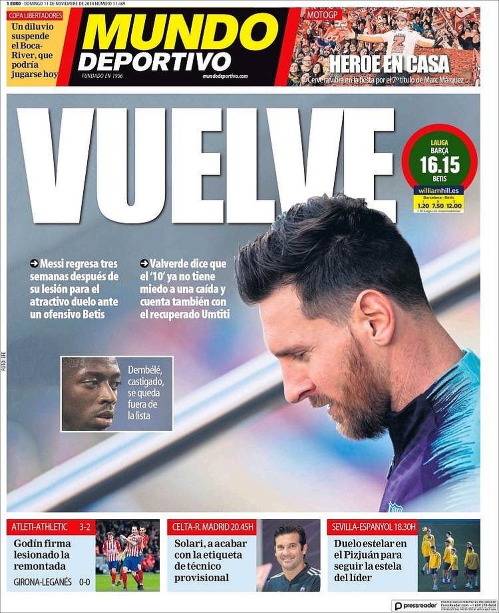 Capa do jornal 'Mundo Deportivo' de 11-11-18. MundoDeportivo
