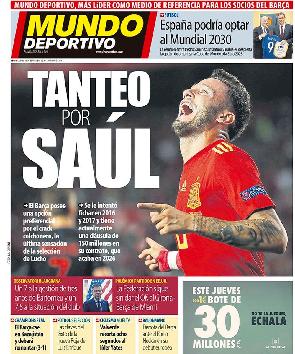 La Une de Mundo Deportivo du 13/09/2018. MD