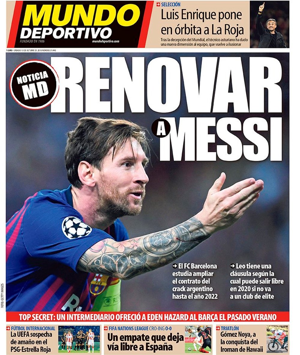 Capa do jornal 'Mundo Deportivo' de 13-10-18. Mundo Deportivo