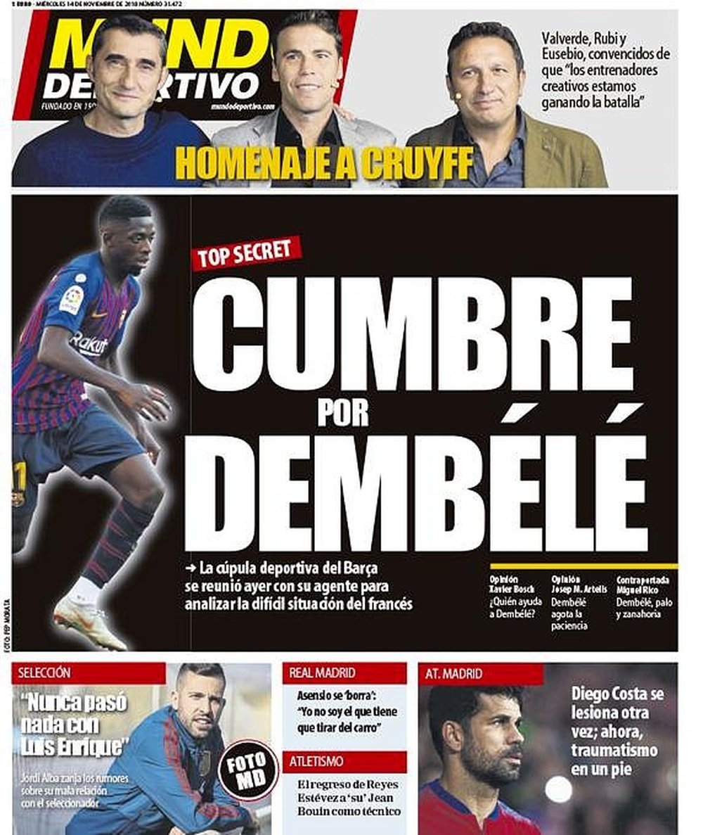 Capa do jornal 'Mundo Deportivo' de 14-11-18. MundoDeportivo