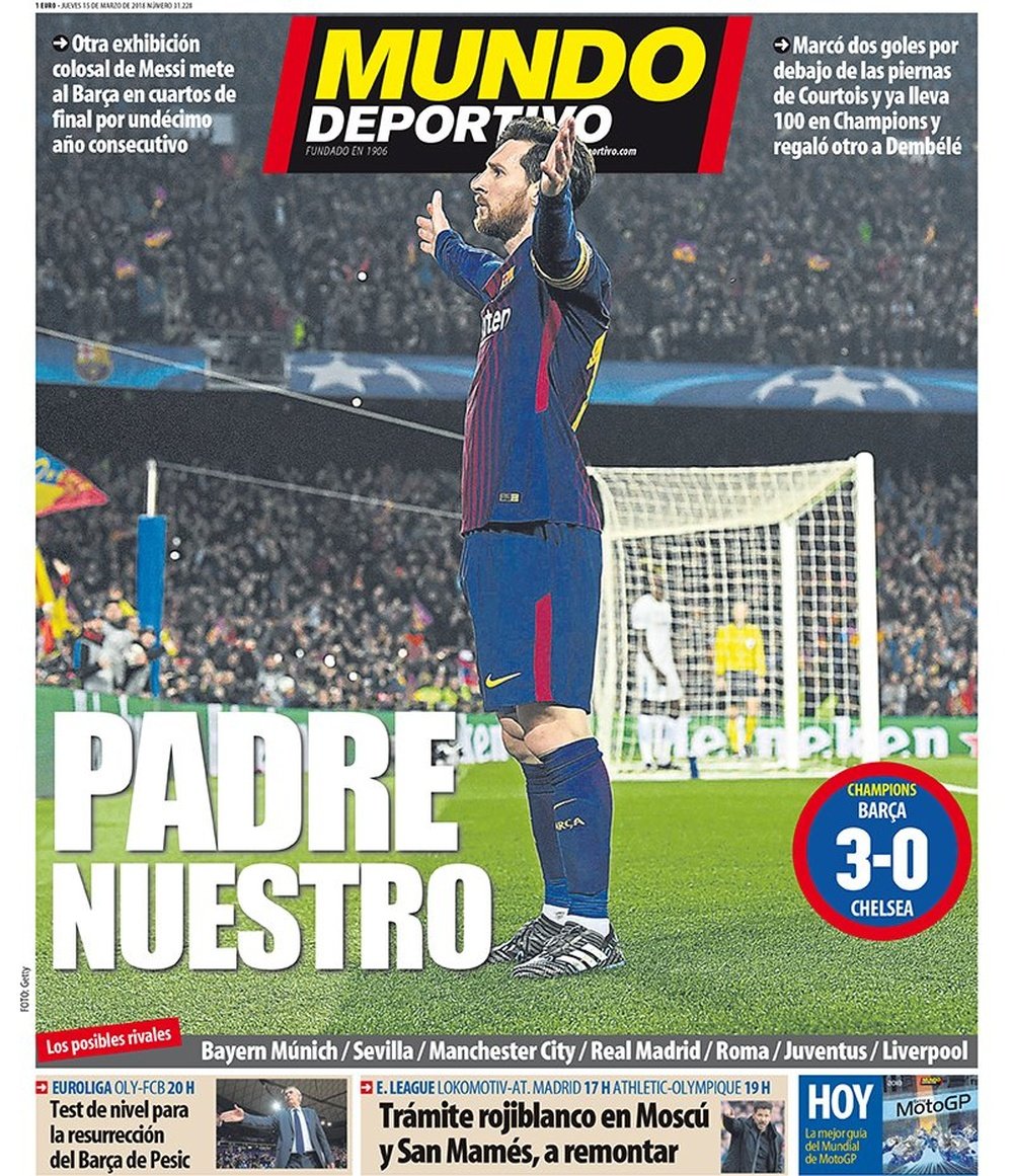 A capa do jornal 'Mundo Deportivo' de 15 de março de 2018. Mundo Deportivo