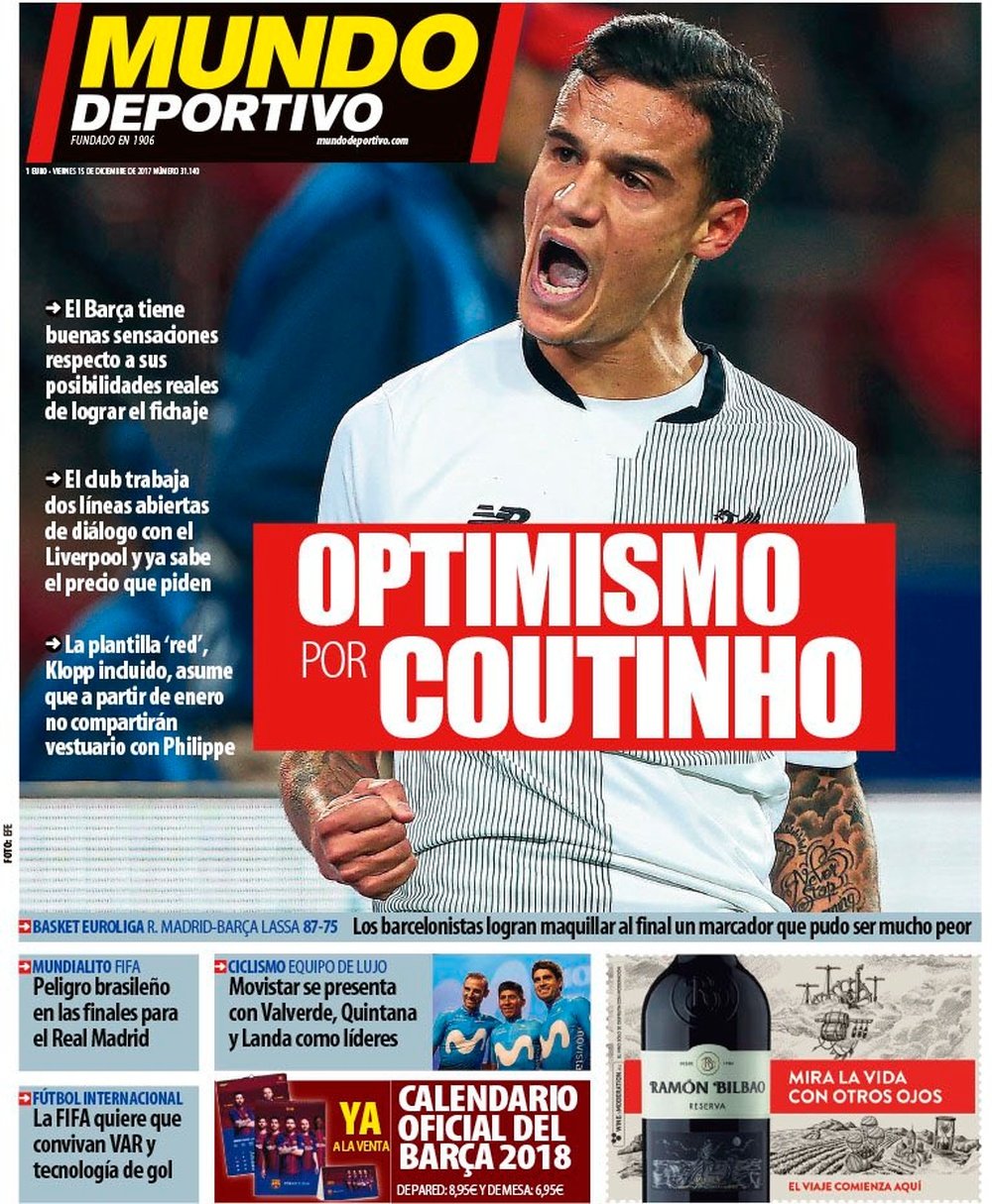 A capa do jornal 'Mundo Deportivo' de 15 de dezembro de 2017. MundoDeportivo