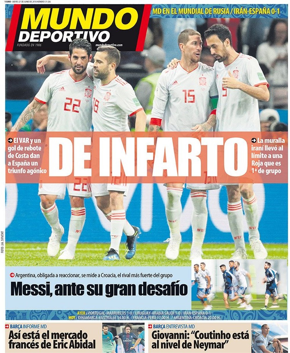 Capa do jornal Mundo Deportivo de 21-06-18. Mundo Deportivo