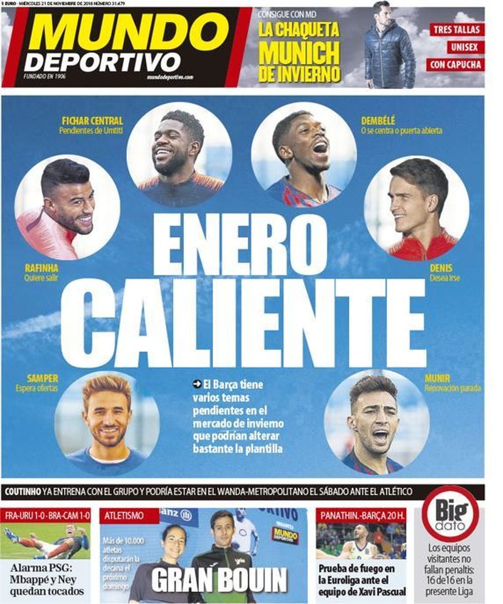 Capa do jornal 'Mundo Deportivo' de 21-11-18. Mundo Deportivo