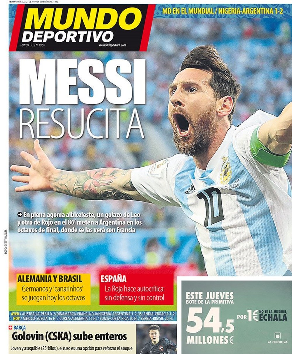 Capa do jornal Mundo Deportivo, da Espanha 27-06-18. Mundo Deportivo