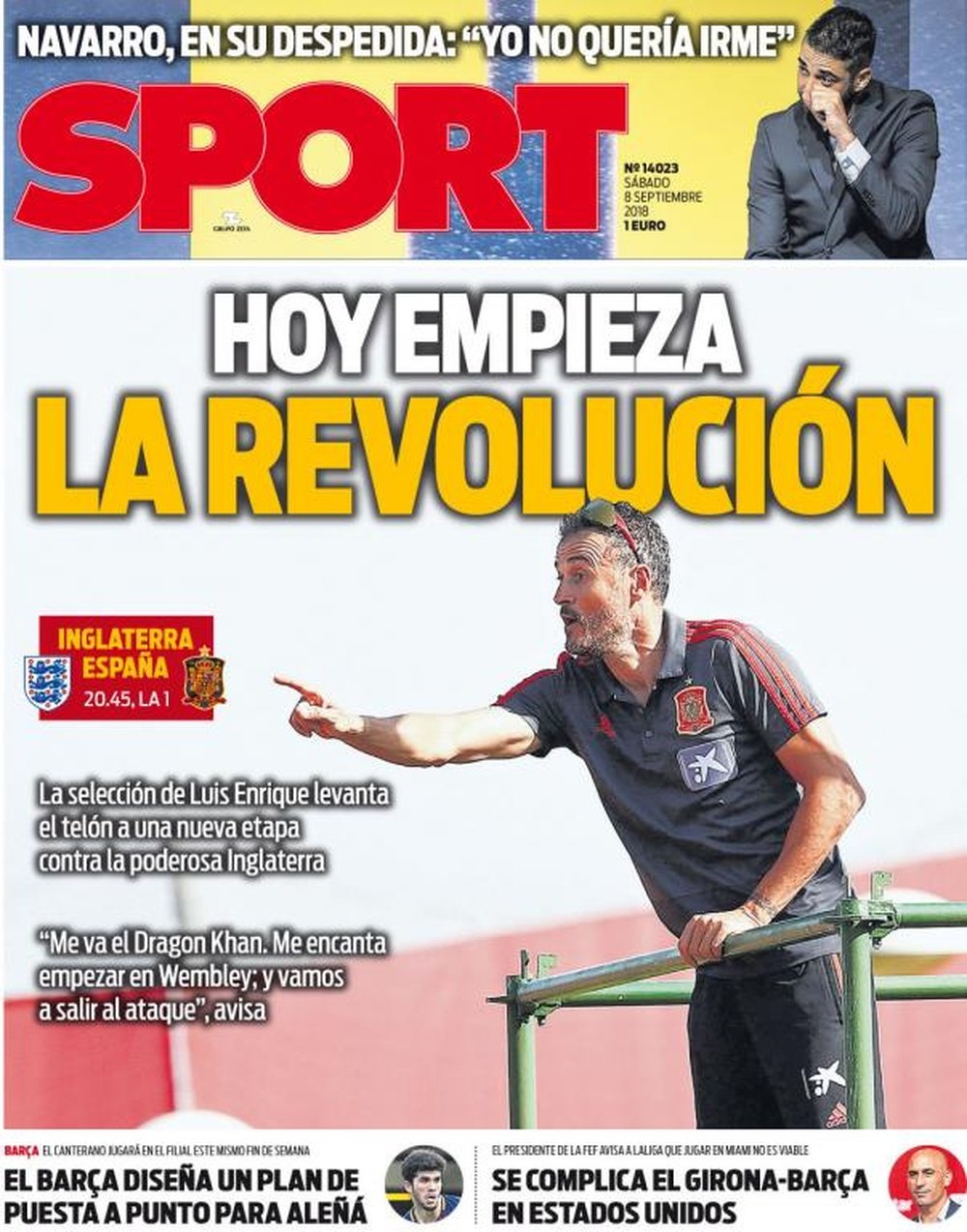 Capa do jornal 'Sport' de 08-09-18. Sport