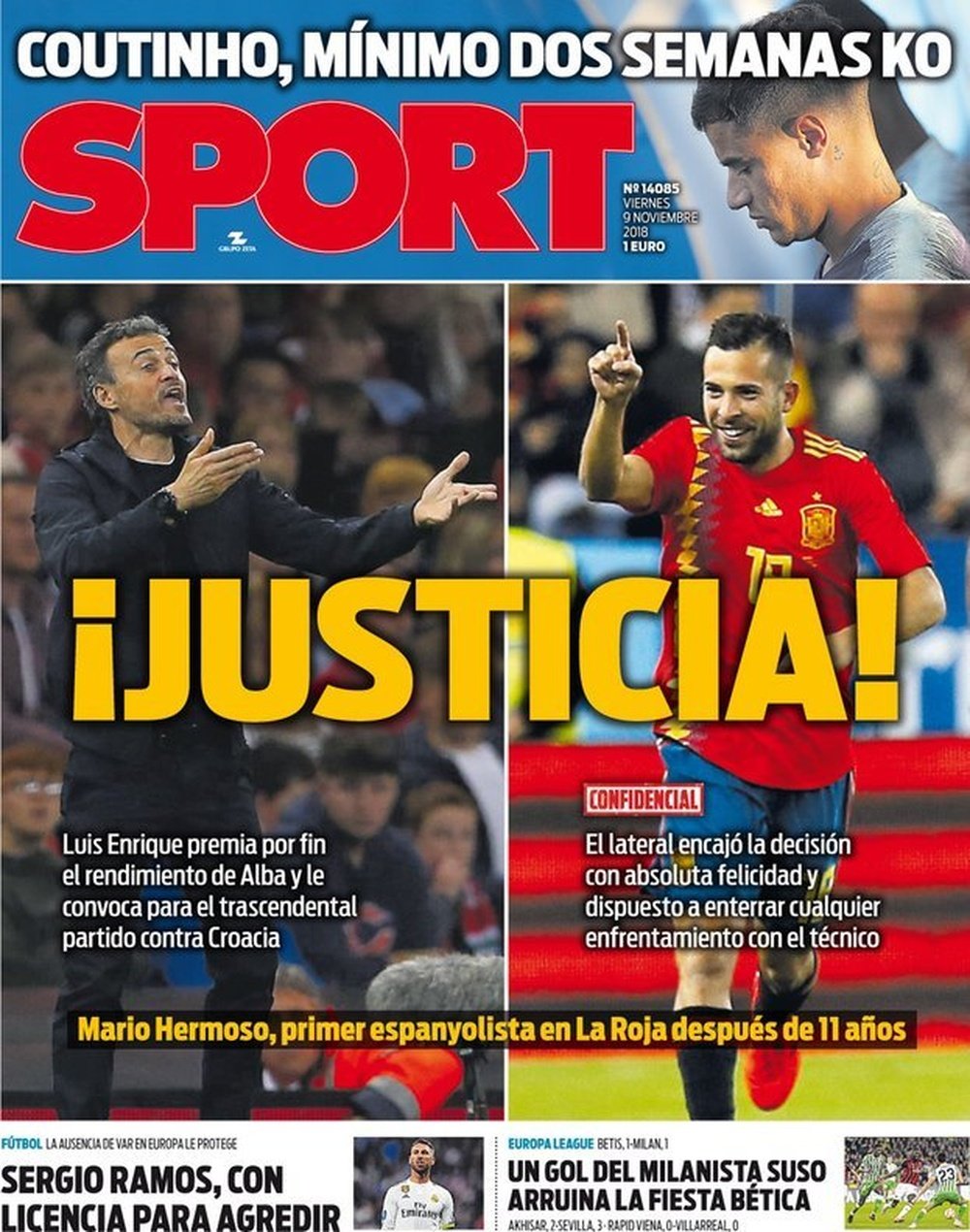 Portada Sport 09-11-18. Sport. AFP