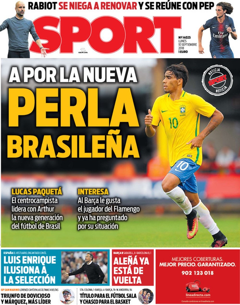 Capa do jornal 'Sport' de 10-09-18. Sport