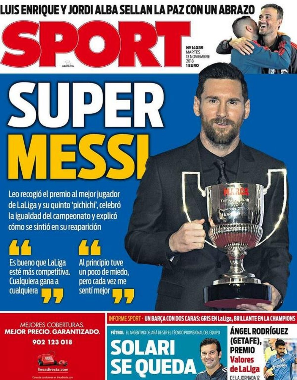 Capa do jornal 'Sport' de 13-11-18. Sport