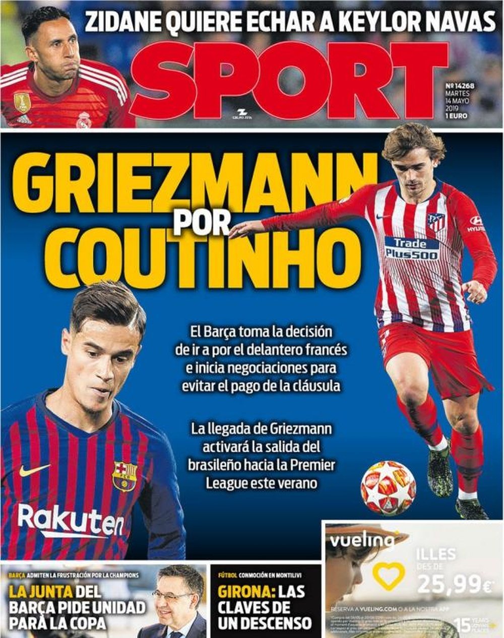 Capa do jornal 'Sport' de 14-05-19. Sport