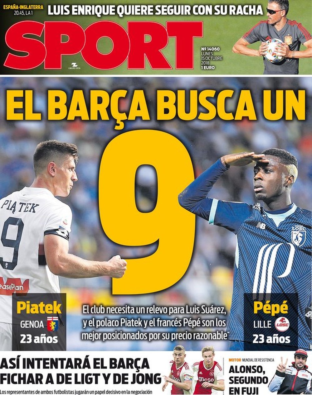 Capa do jornal 'Sport' de 15-10-18. Sport