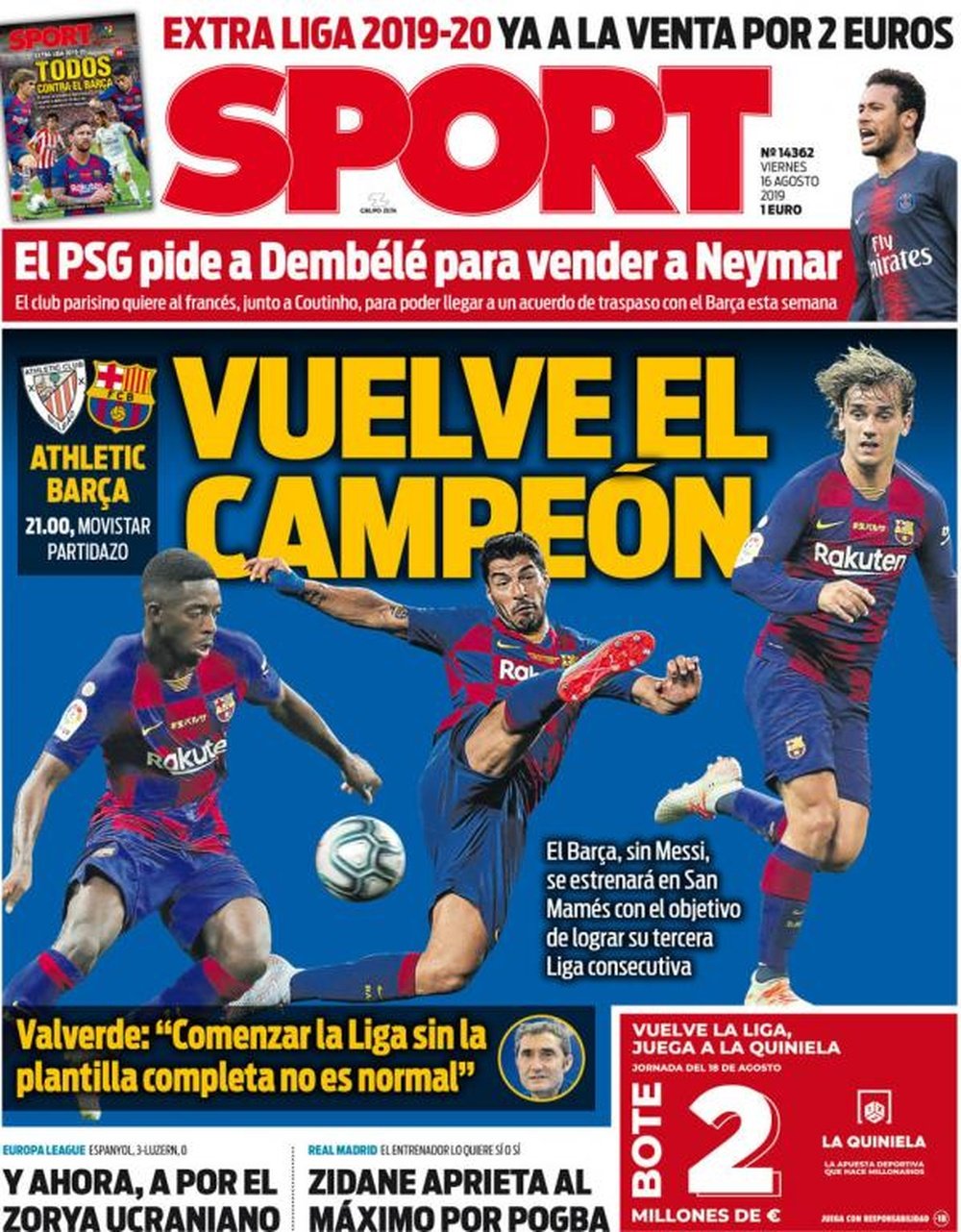 Capa do jornal Sport de 16-08-19. Sport