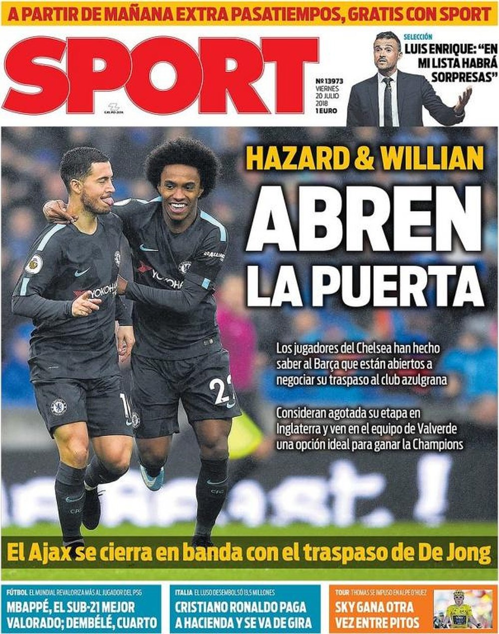 A capa do jornal 'Sport' de 20 de julho de 2018. Sport