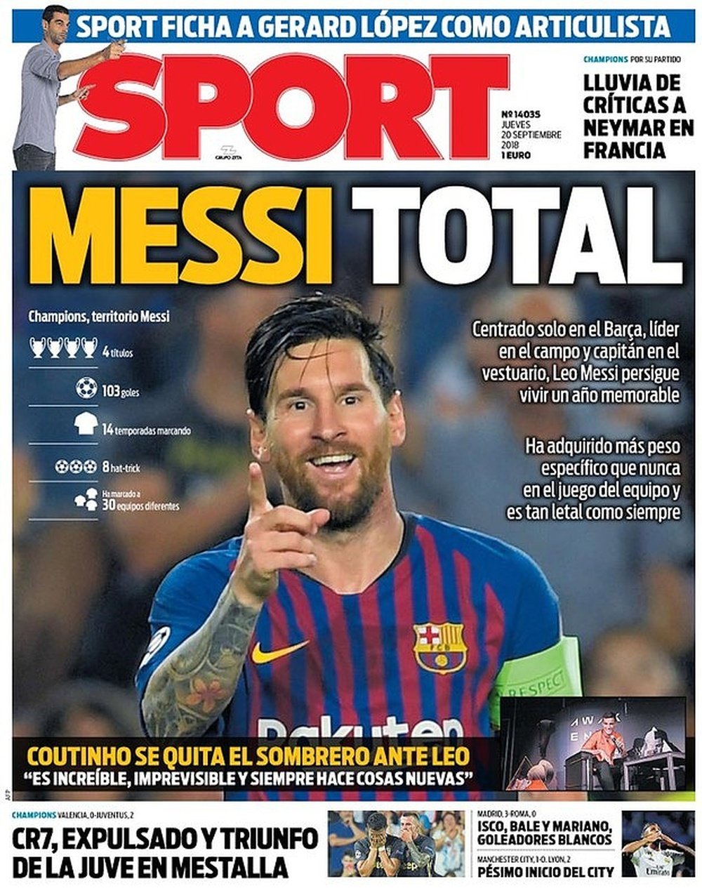 Capa do jornal 'Sport' de 20-09-18. Sport