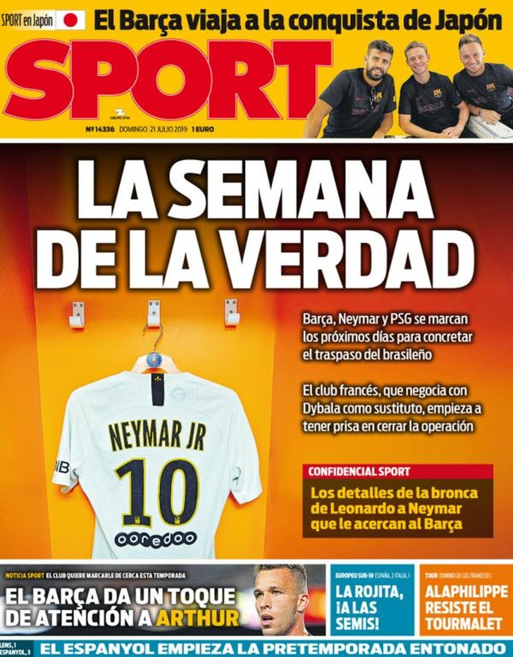 Capa do jornal Sport de 21-07-19. Sport