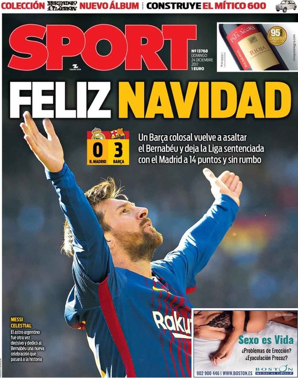 A capa do jornal 'Sport' de 24/12/2017. SPORT