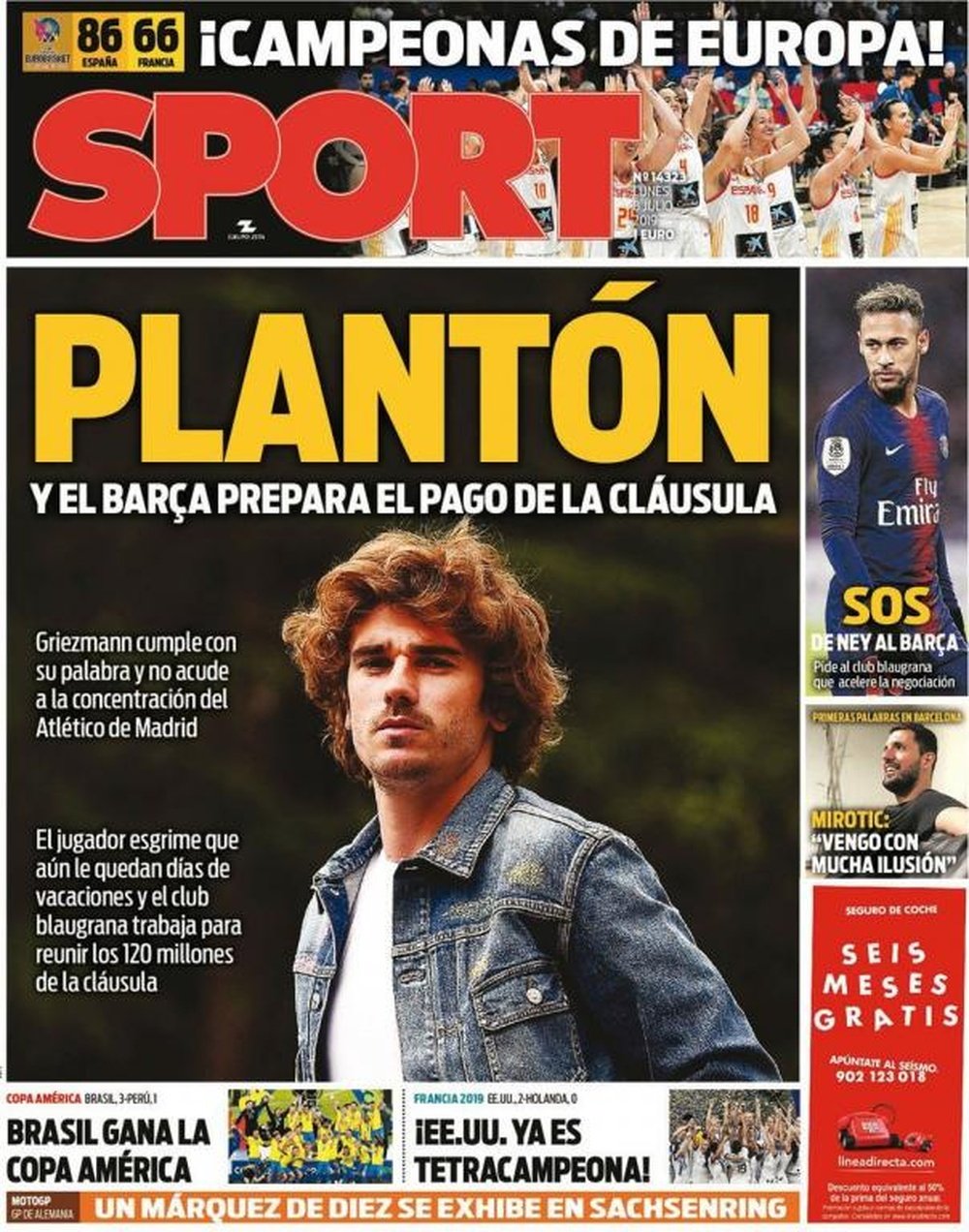 Les Unes des journaux sportifs en Espagne du 8 juillet 2019. Sport
