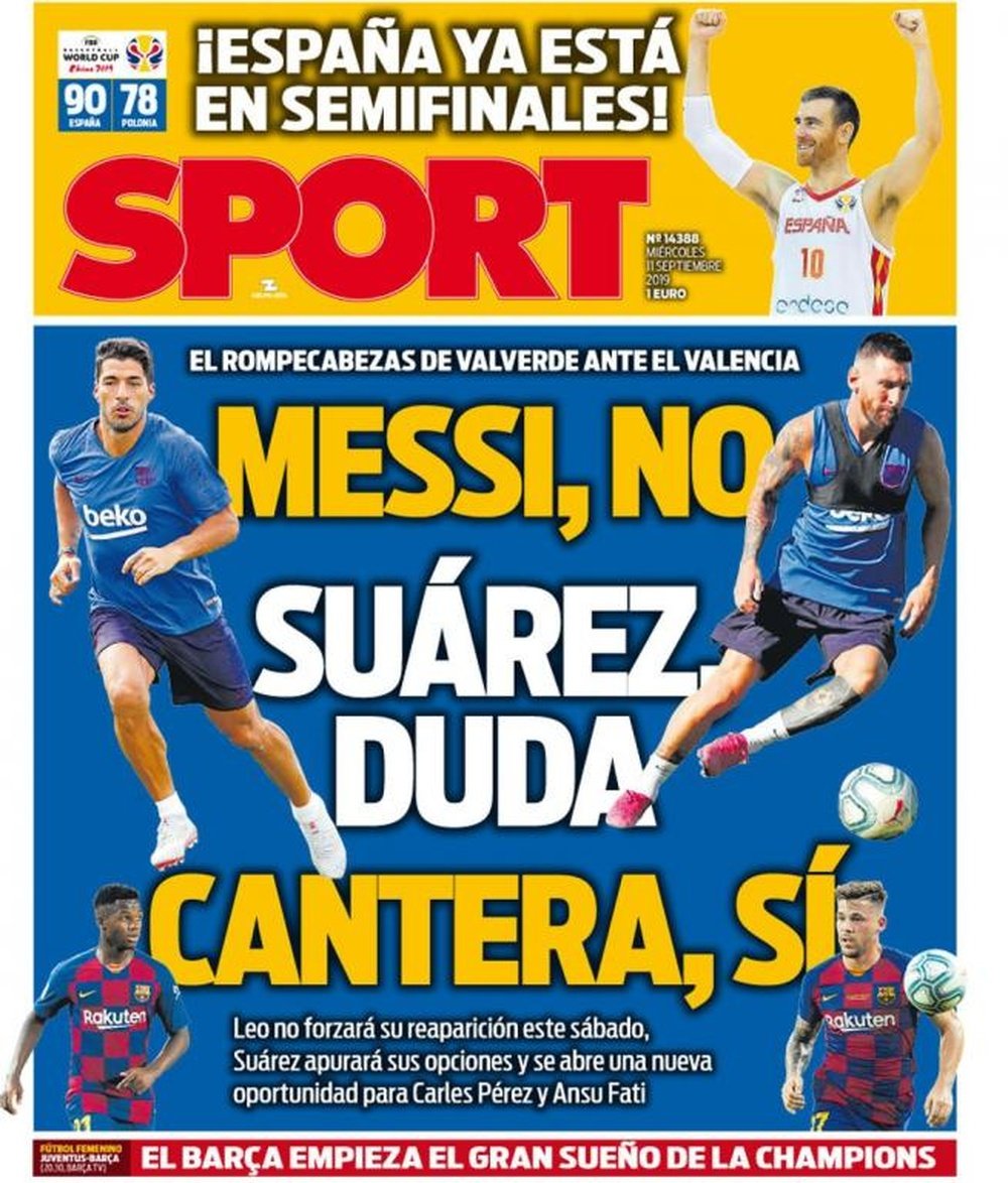 La Une des journaux sportifs en Espagne du11 septembre 2019. Sport