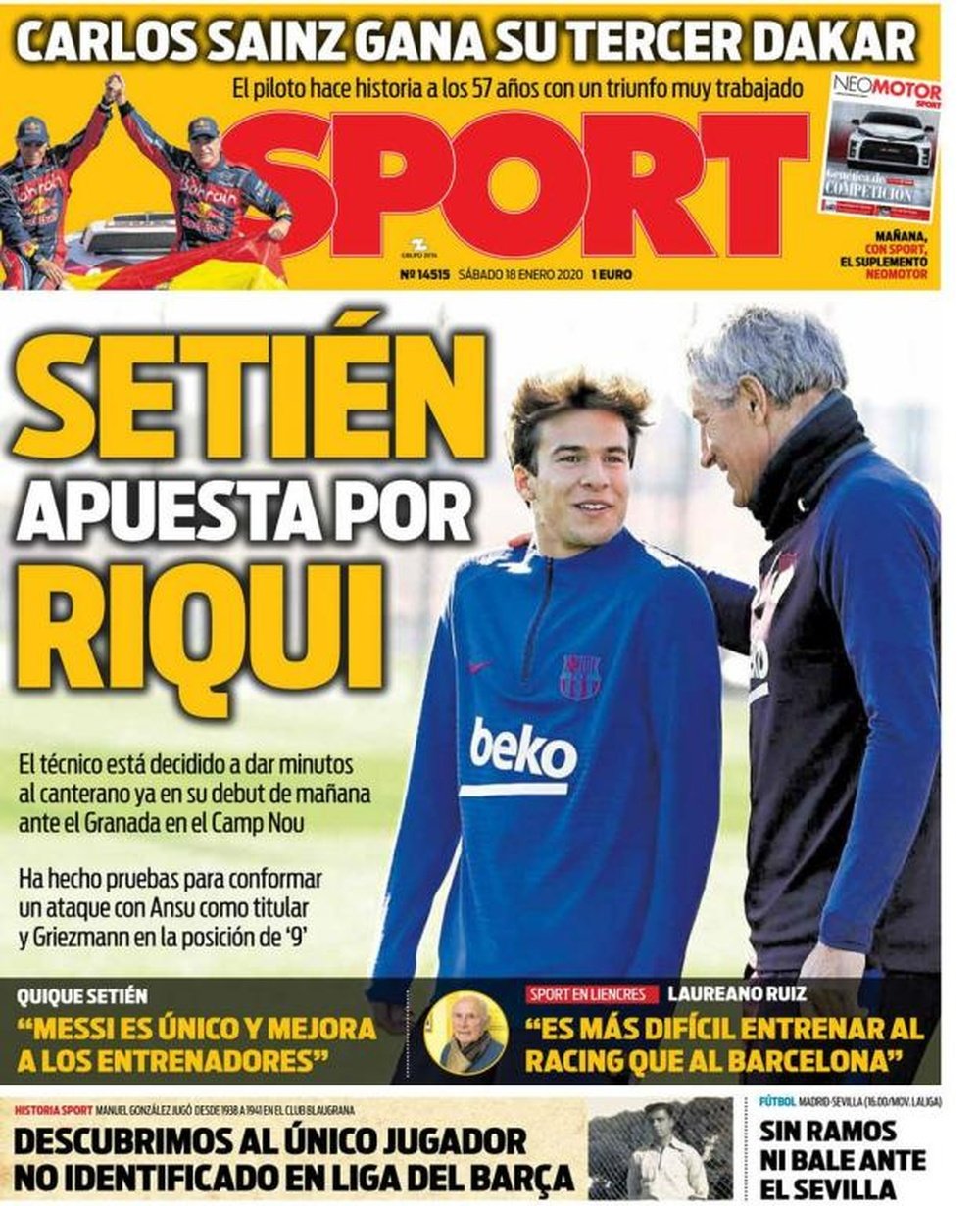 Capa do jornal Sport de 18-01-20. Sport