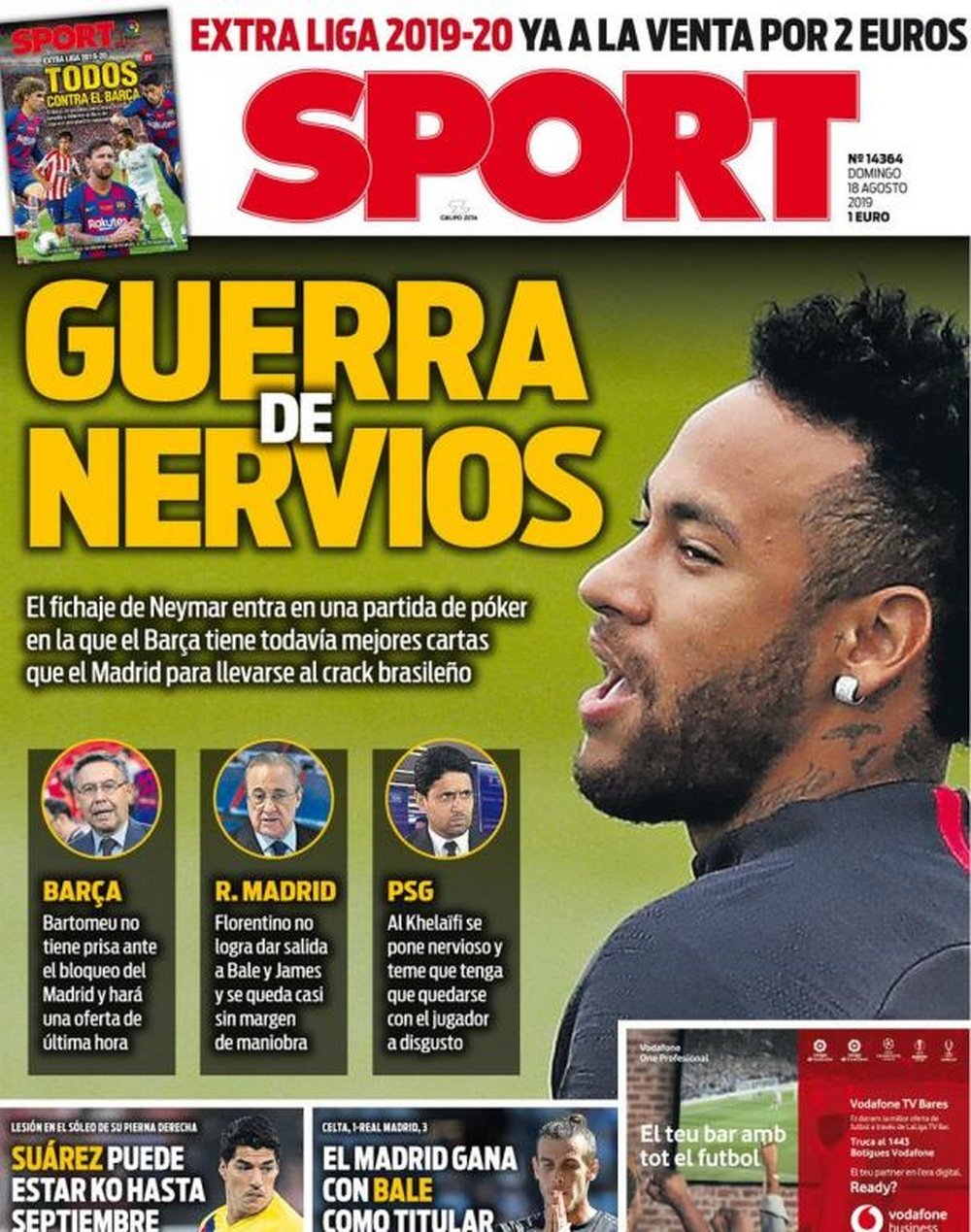 Capa do jornal Sport de 18-08-19. Sport