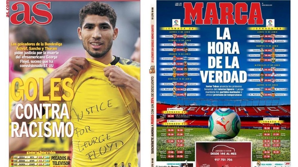 Capas dos jornais espanhóis Marca e AS de 1º de junho de 2020.