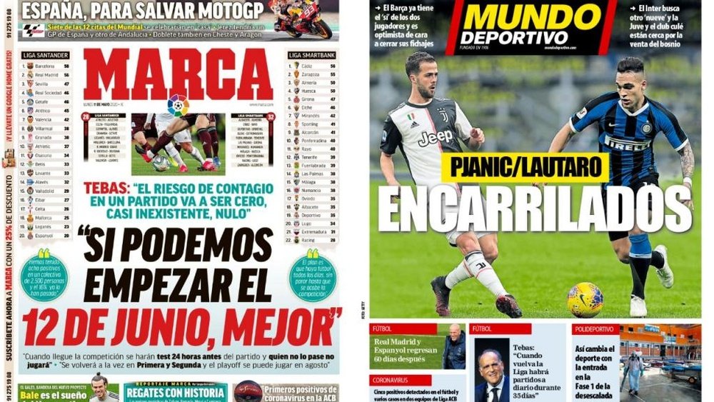 Les Unes des journaux sportifs en Espagne du 11 mai 2020. Marca/MundoDeportivo