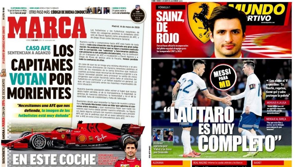 Les Unes des journaux sportifs en Espagne du 15 mai 2020. Marca/MundoDeportivo