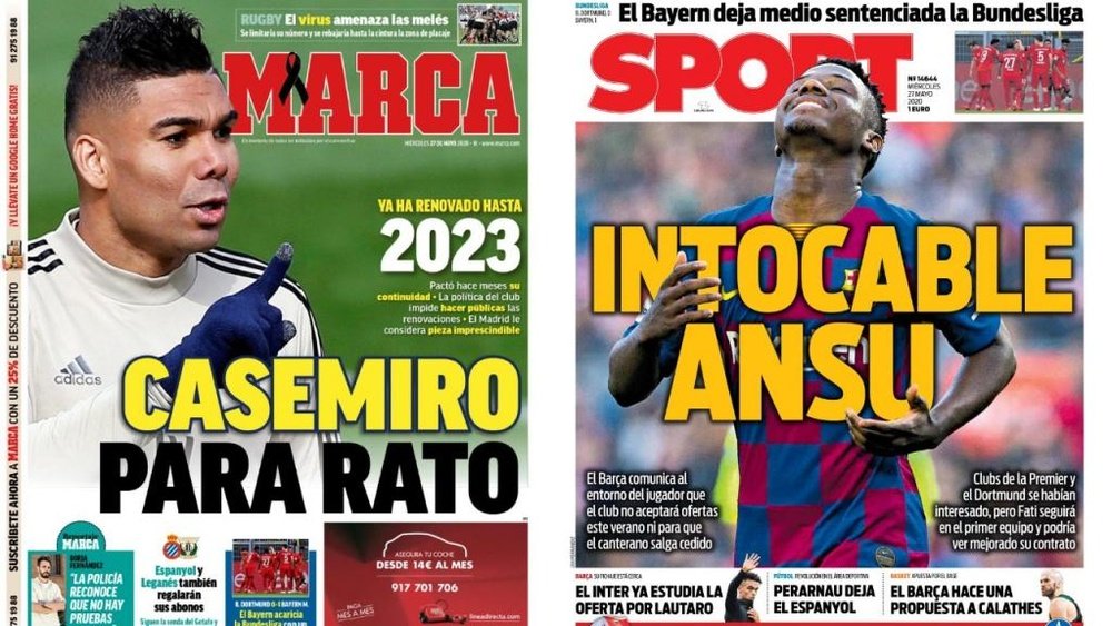 Les Unes des journaux sportifs en Espagne du 27/05/2020. Marca/Sport