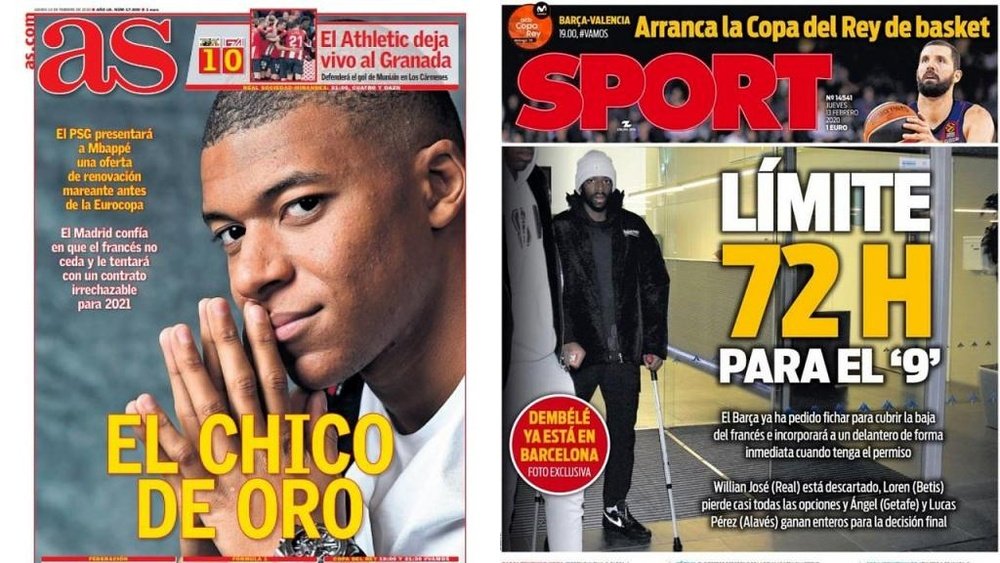 Capa dos diários AS e Sport do dia 13-02-2020. AS/Sport
