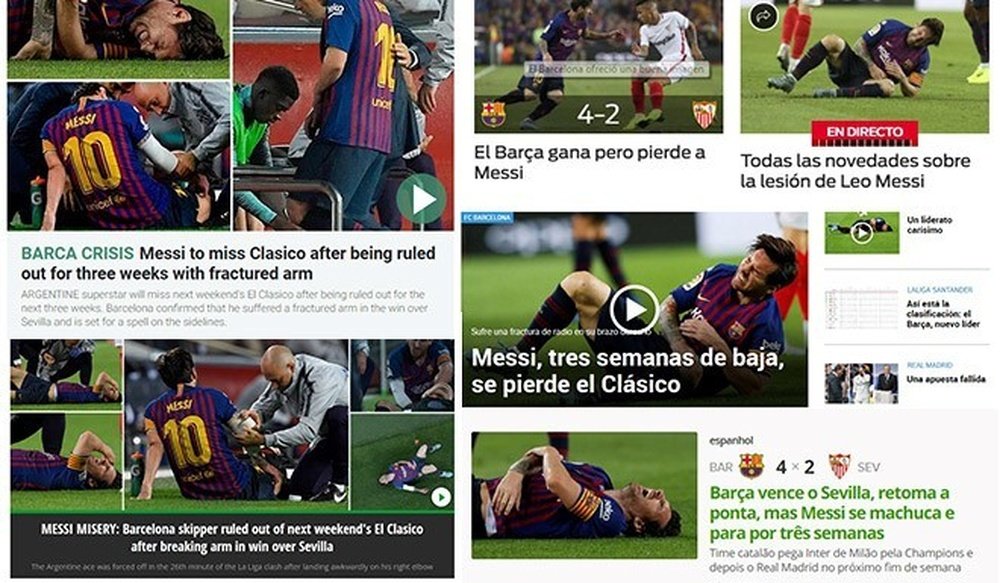 La lesión de Messi fue portada a nivel mundial. Capturas