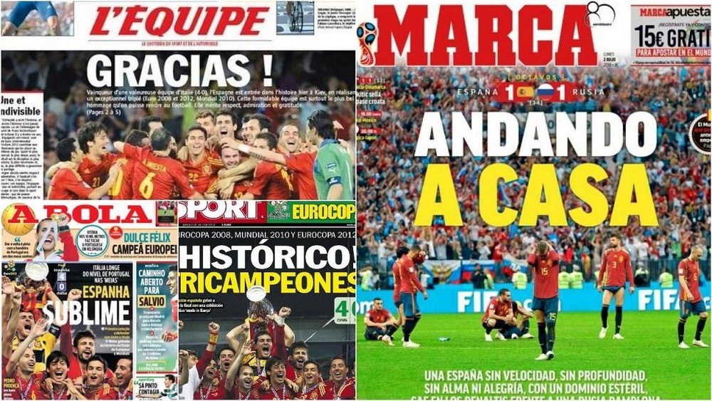 Seis años separan las portadas de la gloria y el fracaso de España.