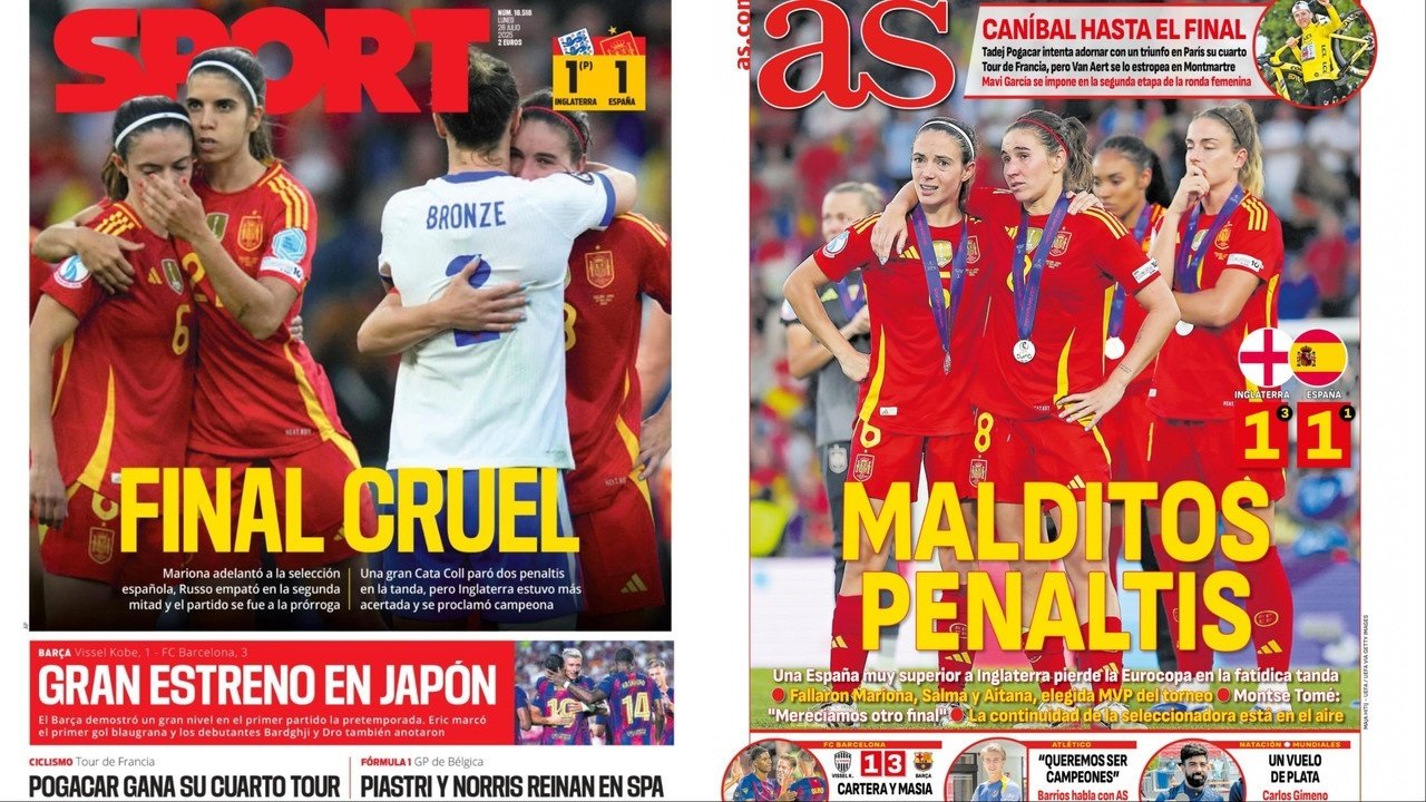 Estas son las principales portadas de la prensa deportiva de este lunes 28 de julio de 2025, que vienen monopolizadas por el fatal desenlace de la Selección Española en la final de la Eurocopa Femenina ante Inglaterra.