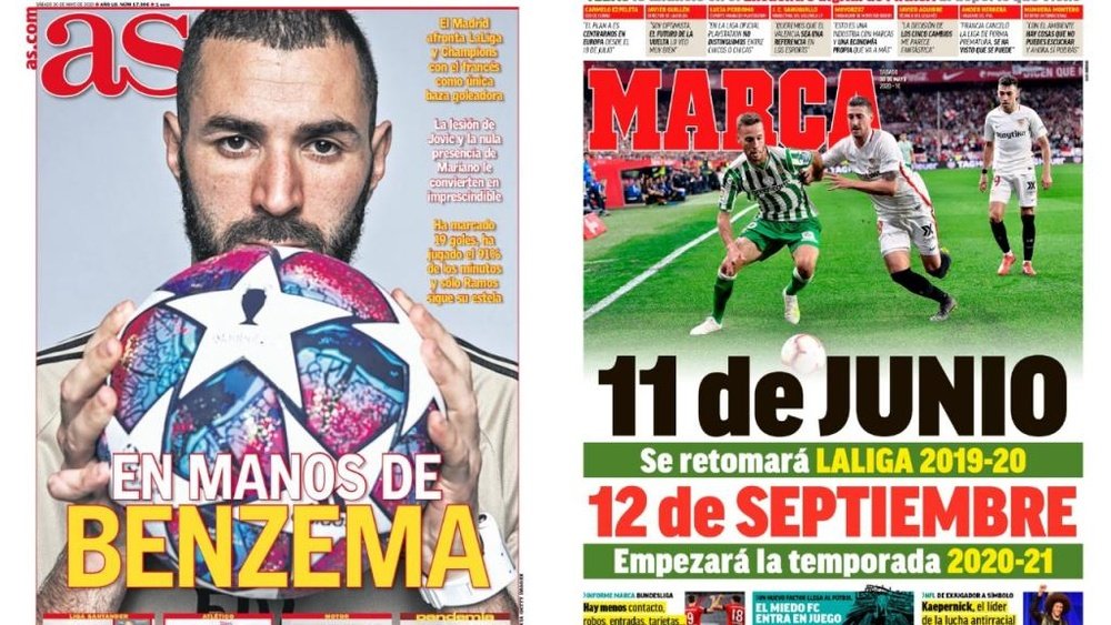 Les Unes des journaux sportifs en Espagne du 30 mai 2020. Marca/AS