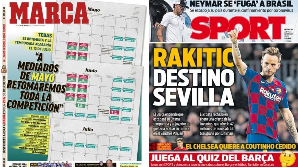 Les Unes des journaux sportifs en Espagne du 19 mars 2020. Marca/Sport