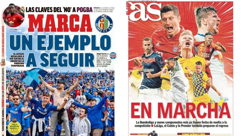 Capas dos jornais espanhóis Marca e AS desta sexta-feira, 8 de maio.