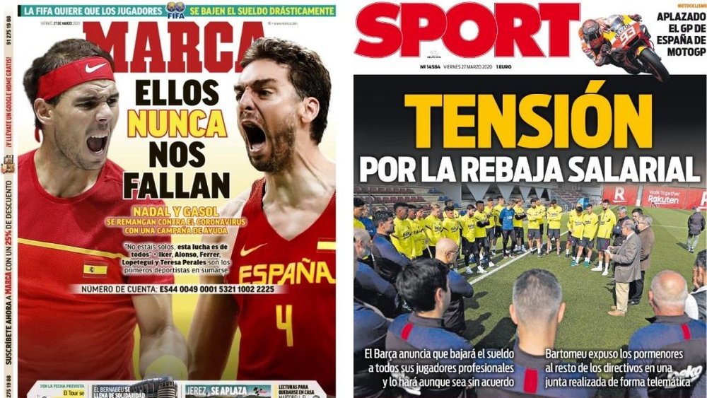 Las portadas de la prensa deportiva de hoy. Montaje/Marca/Sport