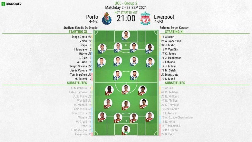 Porto v Liverpool, UCL 2021/22, Group B, matchday 2, 28/09/2021, official line-ups. BeSoccer