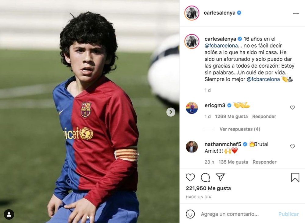 Aleñá se despidió del Barcelona. Captura/Instagram/carlesalenya