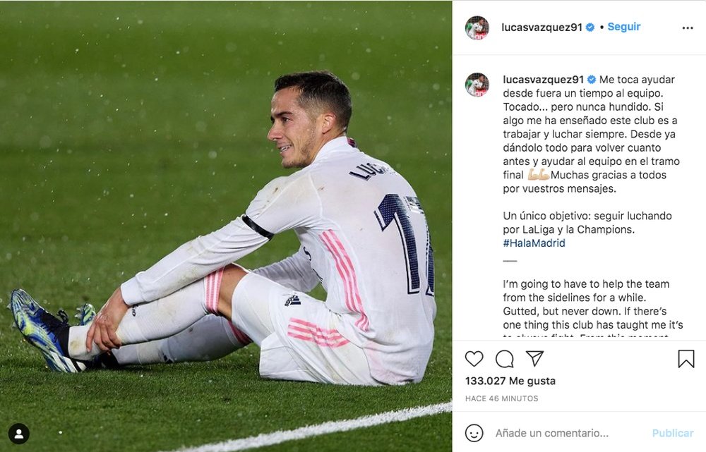 Lucas Vázquez se livre sur les réseaux sociaux. Captura/Instagram/lucasvazquez91